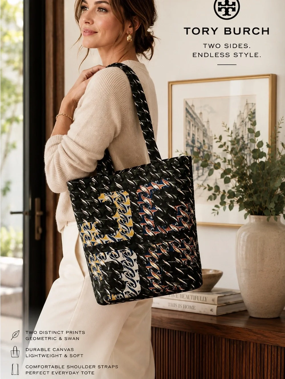 Tory Burch Black Patterned Tote with Multicolor Graphic Accents & Swan Print